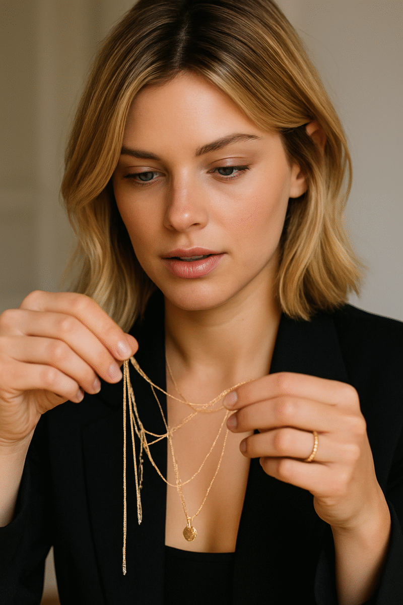 femme en train de demeler chaines colliers