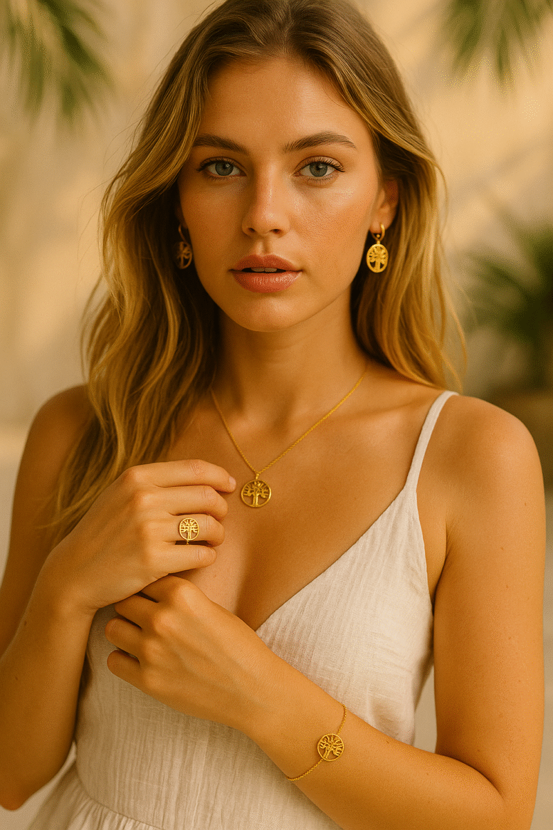 femme avec bijoux arbre de vie