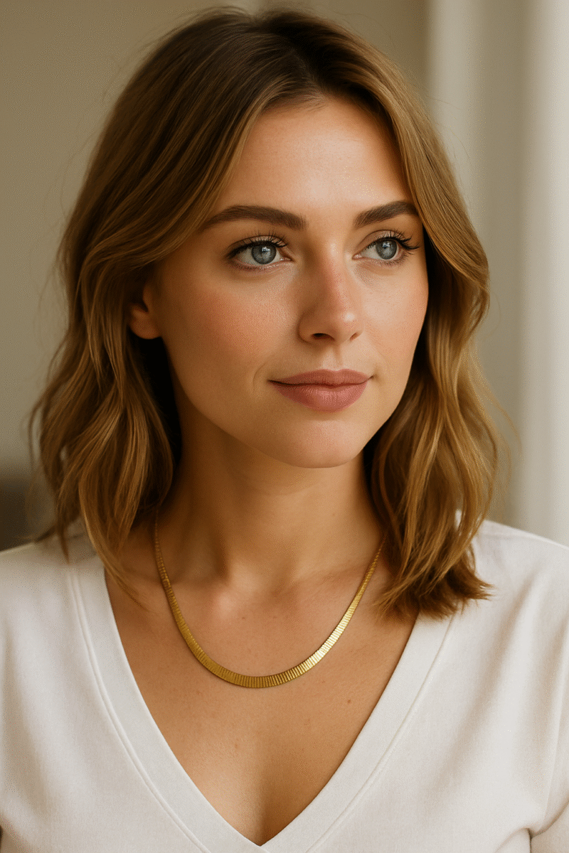 femme avec collier dore