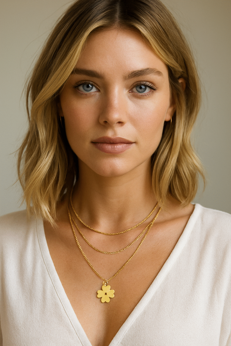 femme avec collier portebonheur trèfle