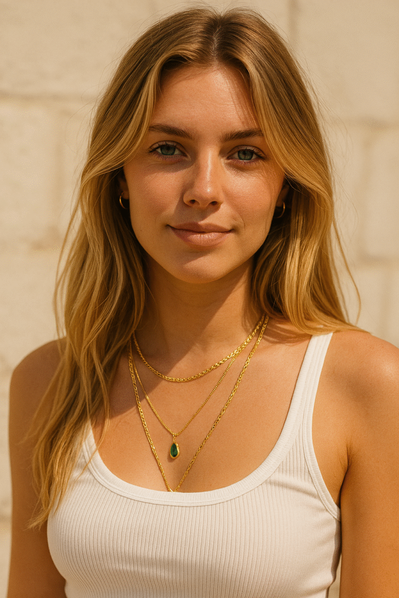 femme avec collier multirangs dore
