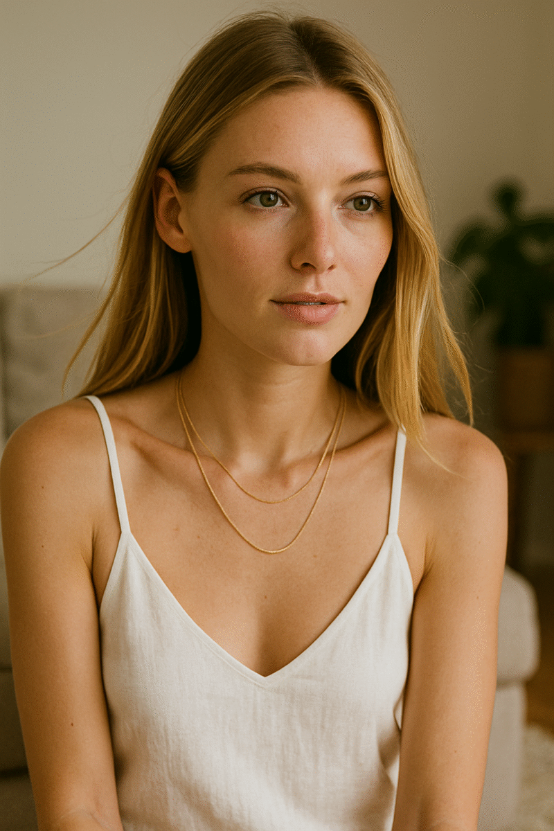 femme avec collier fin minimaliste multirang