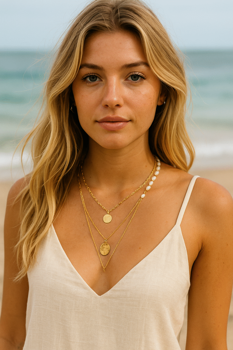 femme avec collier multirangs
