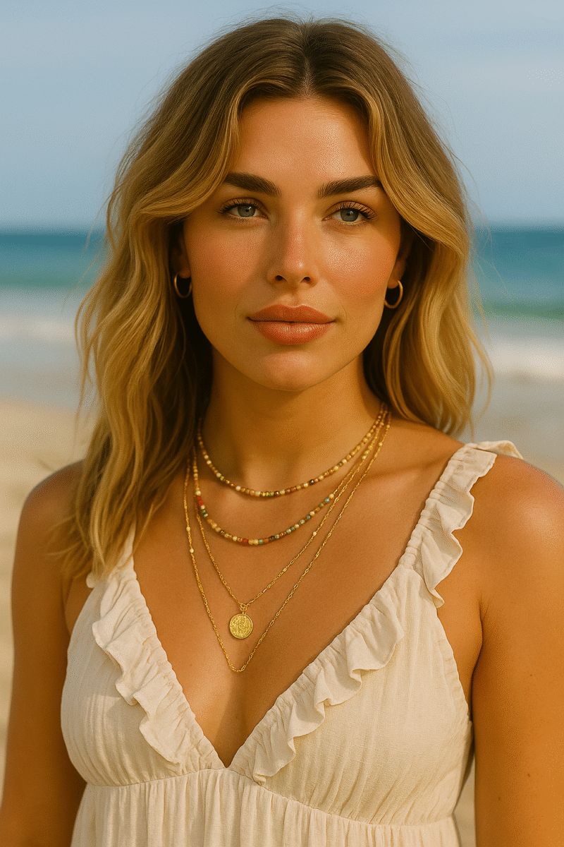 femme avec un collier multirangs boheme