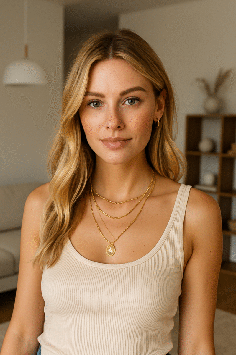 femme avec collier multirangs