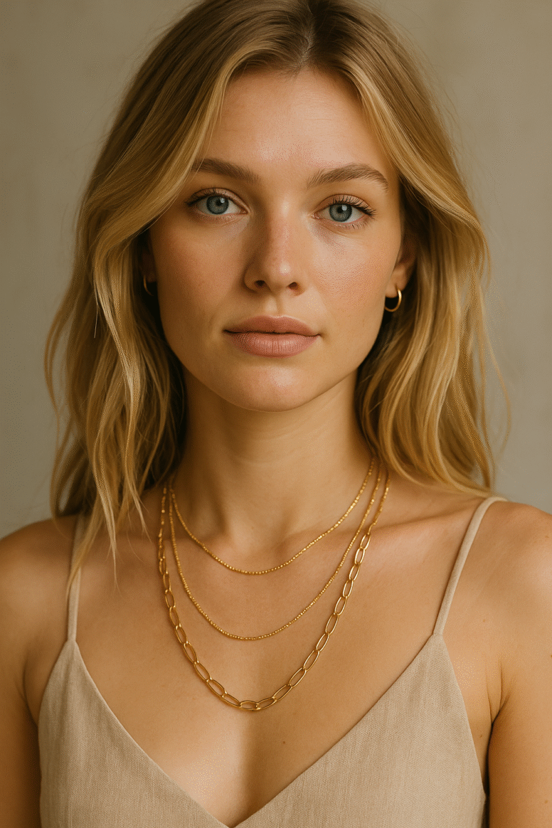 femme avec collier multirangs dore